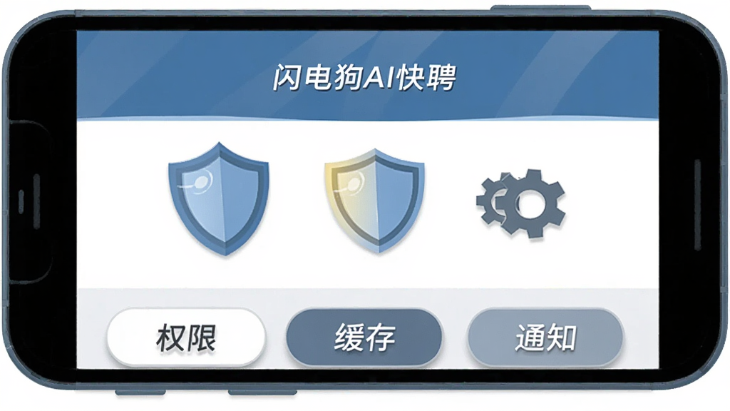 画面主体为一部手机屏幕显示“闪电狗AI快聘”设置页面,旁边有盾牌图标和齿轮图标,手机下方有“权限”“缓存”“通知”三个标签按钮,布局为居中偏左,风格为扁平化安全主题插画,细节有盾牌高光和标签阴影,画质清晰,干净,无多余元素