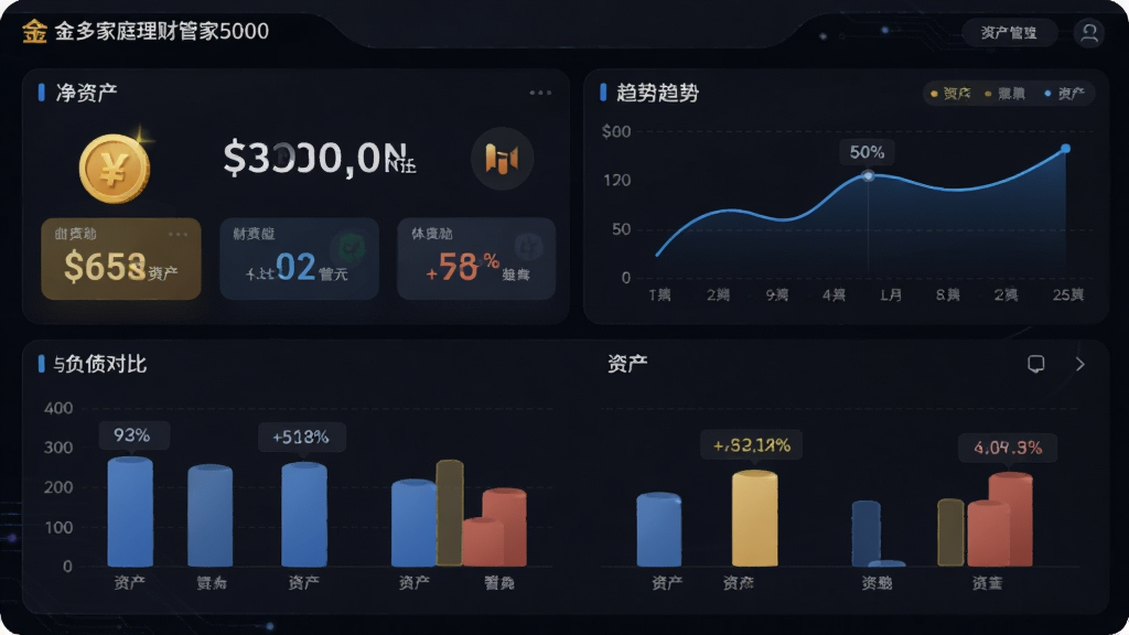 主体为金多家庭理财管家5000管理系统资产总览仪表盘,布局为上下结构,上方为净资产数字与趋势折线,下方为资产与负债对比柱状图,排版清晰,风格为深色科技感数据面板,细节包含金币图标、账户卡片、百分比标签,画质高清,干净,无多余元素
