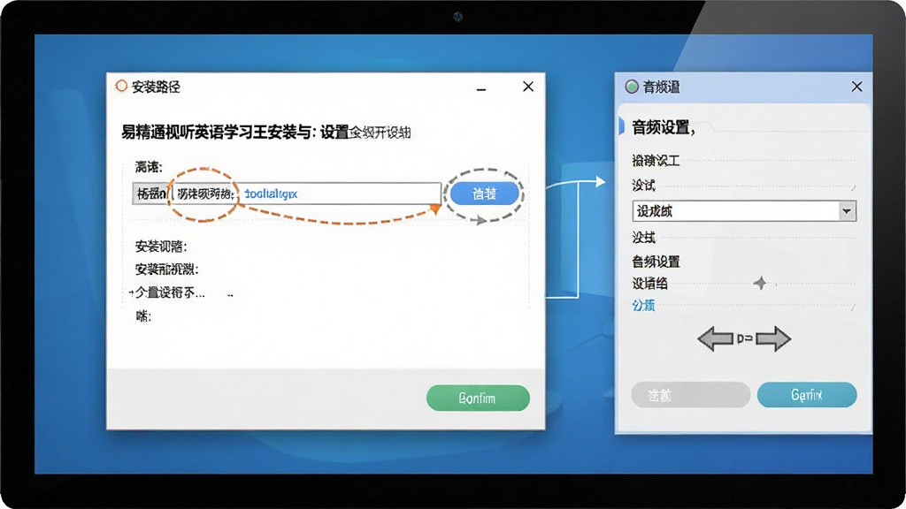 一张展示易精通视听英语学习王安装与设置流程的图片,主体是电脑屏幕中软件安装向导和设置界面并排展示,布局为左侧安装路径选择、右侧音频设置面板,排版清晰直观,风格为简洁教程风,细节包括路径浏览按钮、设备下拉菜单、确认按钮,画质高清,画面干净,无多余元素