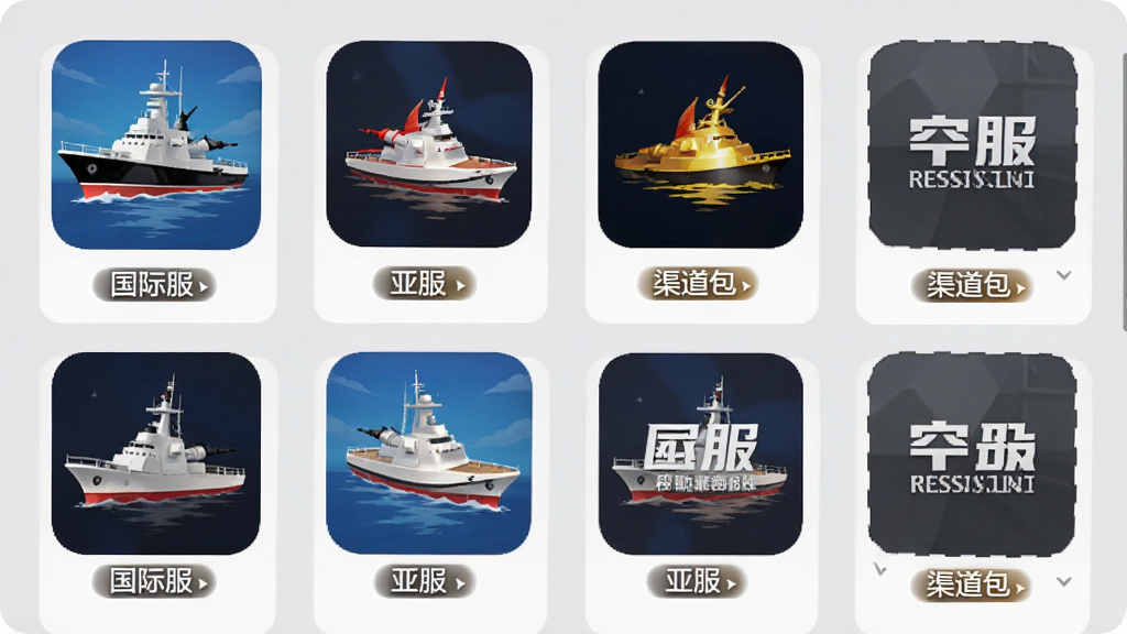 Warships Mobile安装器版本兼容选择界面,画面展示多个游戏图标与版本标签,包含“国际服”“亚服”“渠道包”等文字,风格卡片式布局,背景为浅灰色,细节清晰,画质干净,无多余元素