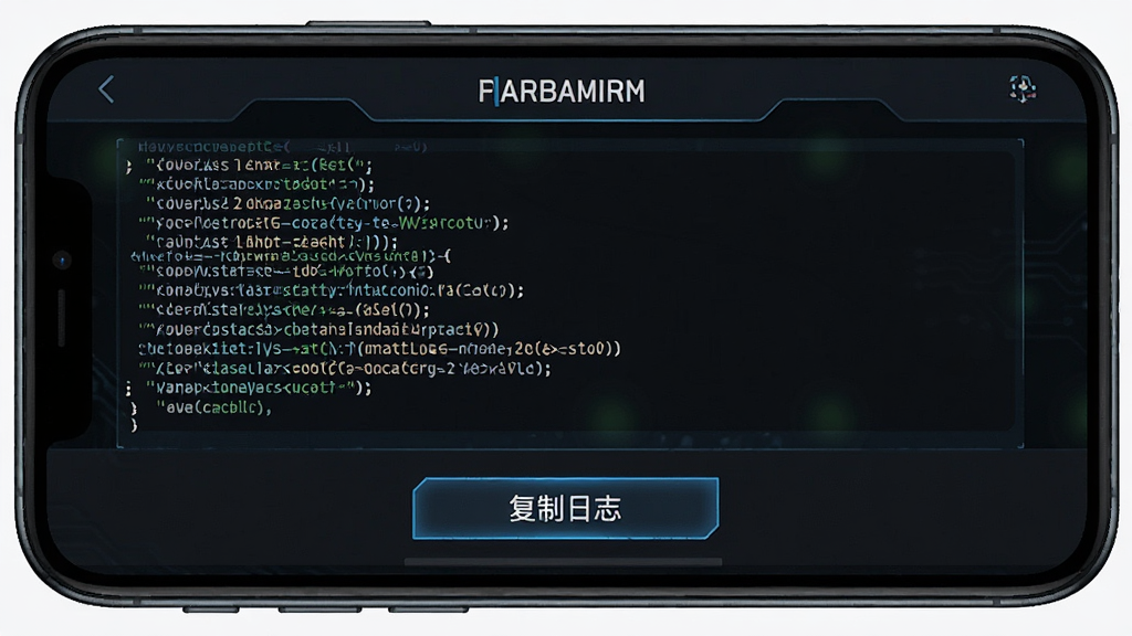 Warships Mobile安装器错误日志界面,画面展示手机屏幕上显示代码行与“复制日志”按钮,背景为深色主题,风格科技感,细节清晰,画质干净,无多余元素