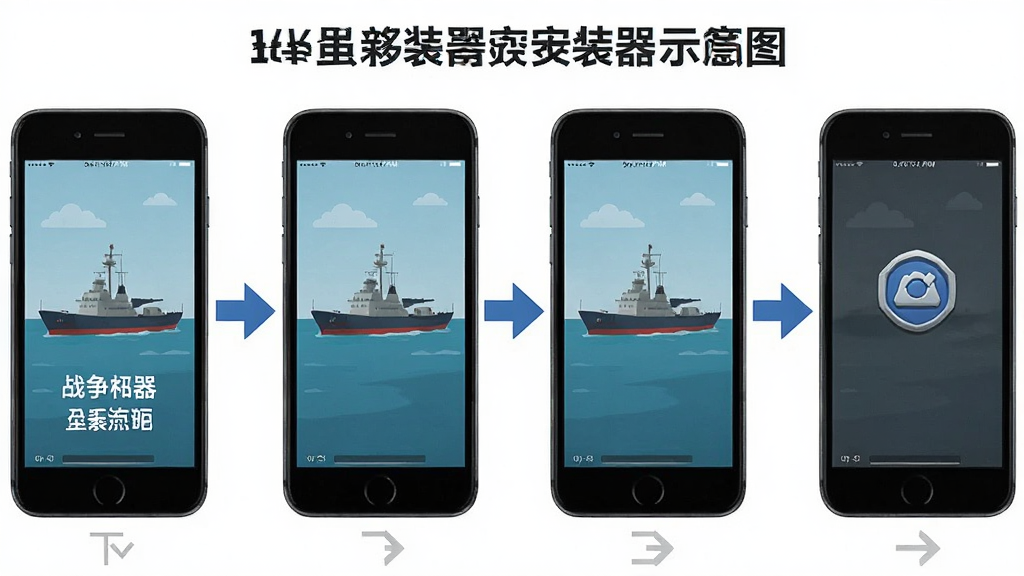 Warships Mobile安装器新手操作示意图,画面展示手机屏幕从下载到安装的四个步骤流程图,包含箭头引导与文字标注,风格简洁教程风,细节清晰,画质干净,无多余元素