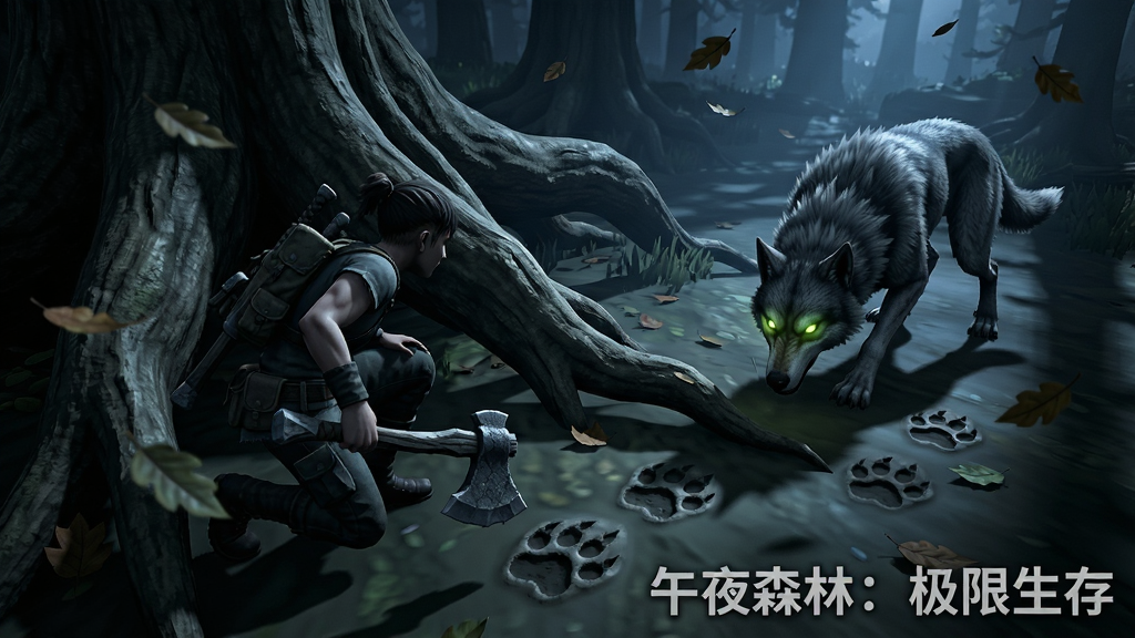游戏内战斗场景,主体是角色蹲伏在巨大树根后方,前方一只双眼发光的狼型生物正在嗅探地面,布局为斜角俯视,排版突出角色与野兽的距离感,风格为暗黑写实生存游戏,细节包括角色手中紧握的石斧、地面上的爪印、飘落的树叶、月光造成的明暗对比,画质高清,干净,无多余元素,画面中打文字“午夜森林:极限生存”