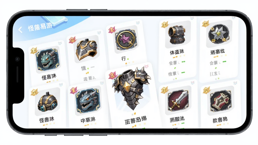 手机屏幕中展示怪兽易游APP的装备列表页面,页面中排列着各种游戏装备卡片,每张卡片上有装备图标和名称,背景为浅色系,布局为网格状排列,风格为清新简约的移动端UI设计,细节上装备卡片带有稀有度颜色标识,画质高清干净无多余元素