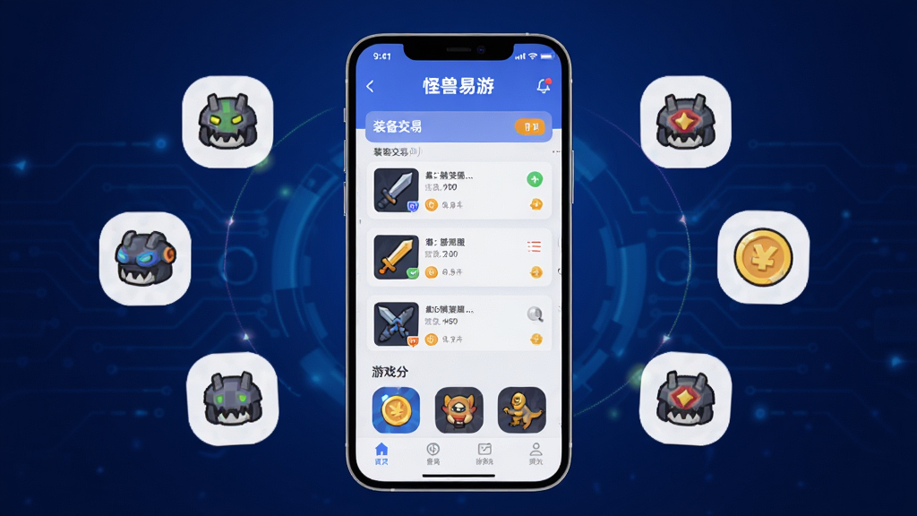 整体画面以手机APP界面展示为主体,居中放置一部智能手机,屏幕中显示怪兽易游APP的主页界面,界面包含装备交易列表和游戏分类图标,背景为深蓝色渐变科技风格,布局采用中心对称构图,排版简洁清晰,风格为现代扁平化UI设计,细节上手机周围环绕游戏装备图标和金币元素,画质高清干净无多余元素
