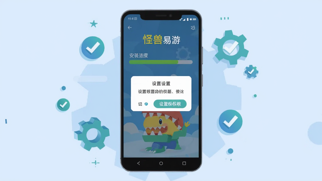 手机屏幕展示怪兽易游APP运行在安卓手机上的流畅界面,画面中有安装进度条和设置权限弹窗,背景为浅蓝色,布局为手机居中展示,风格为扁平化科技插画,细节上手机周围有齿轮和勾选图标,画质高清干净无多余元素