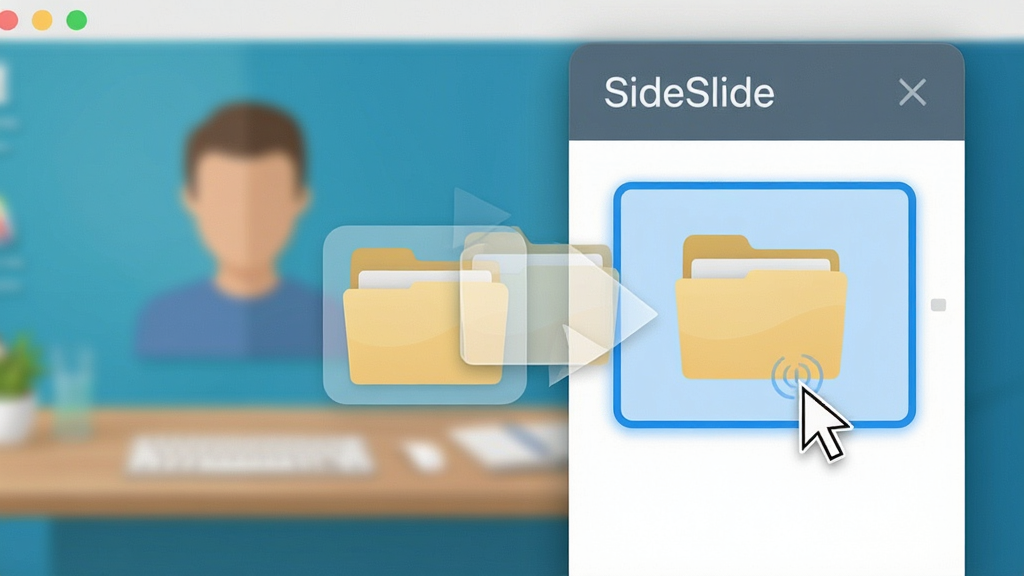 һ��չʾ SideSlide ��ק���ӹ��ܵ�ʾ��ͼ���������û��������ϵ��ļ���ͼ����ק�����������У��������ʾ��ק���õĸ������򣬲���Ϊ�����������Ľ�����д�����Ϊ�ִ� UI ������ʾ��ϸ�ڰ�����קʱ�İ�͸��ͼ�ꡢ��������ĸ����߿�����ָ�룬�����������ɾ��޶���Ԫ�أ������д��� 'SideSlide' ����