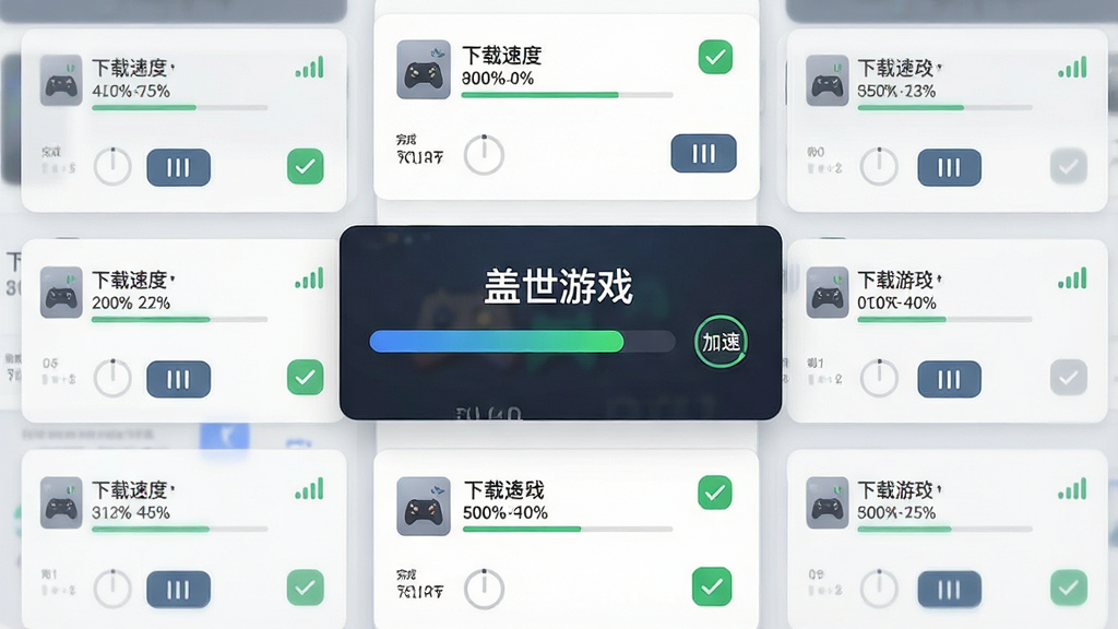 一幅展示盖世游戏下载管理界面的示意图,画面中央是“盖世游戏”的下载进度条和加速图标,周围环绕着多个下载任务卡片,显示速度、剩余时间和暂停按钮,布局为纵向列表排版,风格为简约商务风,细节包括网络信号标识、进度百分比、完成勾选标记,画质高清,画面干净,无多余元素