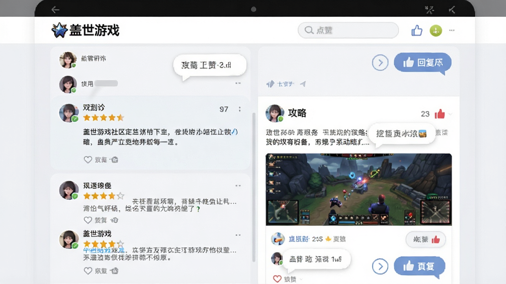 一幅展示盖世游戏社区互动场景的图片,画面主体是“盖世游戏”社区页面,显示玩家评论、攻略帖子和点赞图标,布局为上下分栏排版,风格为清新浅色系社交风,细节包括用户头像、星级评分、回复气泡,画质清晰,画面干净,无多余元素