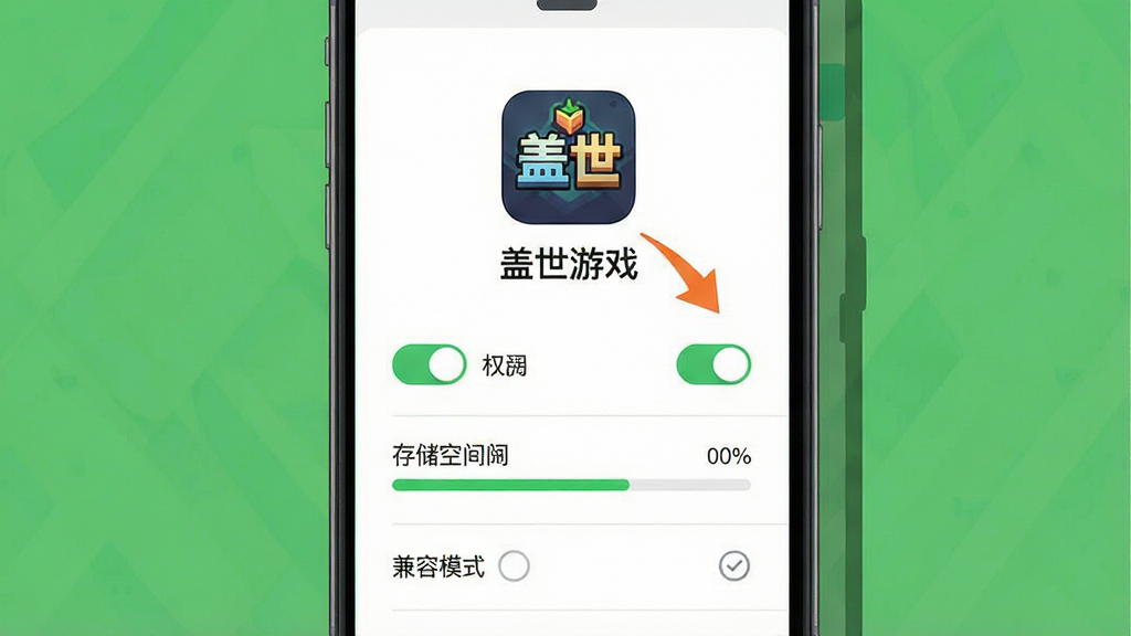 一幅展示盖世游戏安装设置界面的示意图,画面主体是手机屏幕显示权限开启引导页,中央有“盖世游戏”图标和箭头指向设置选项,布局为纵向引导排版,风格为简洁明快扁平风,细节包括开关按钮、存储空间进度条、兼容模式选项,画质清晰,画面干净,无多余元素