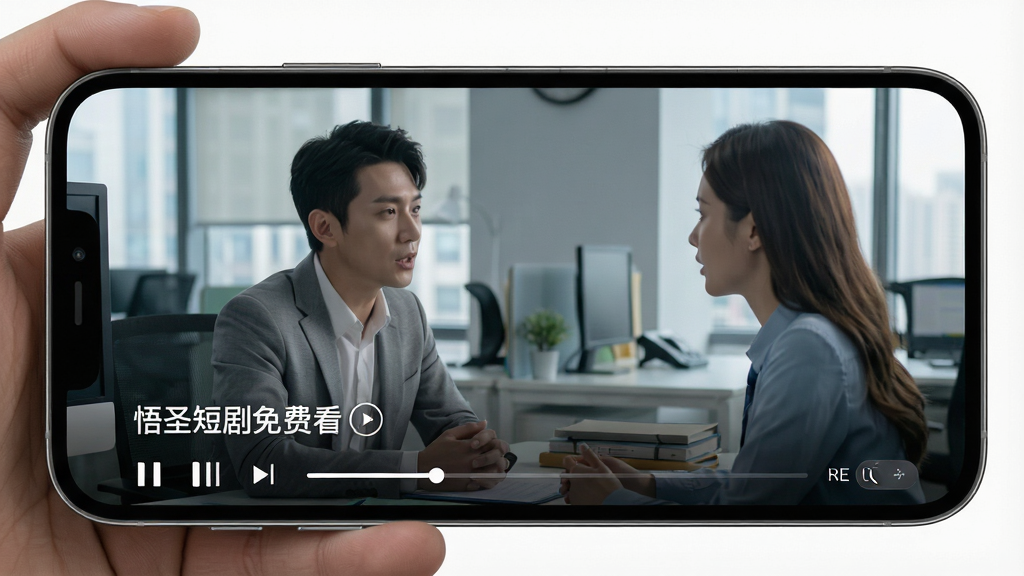 一张展示短剧播放界面的图片,主体为手机横屏或竖屏播放状态,屏幕内显示现代都市短剧画面,人物正在办公室对话,布局为全屏播放,风格写实,细节包括播放控制栏、清晰度切换按钮、进度条,画质高清干净,无多余元素,图片中文字标注“悟圣短剧免费看”