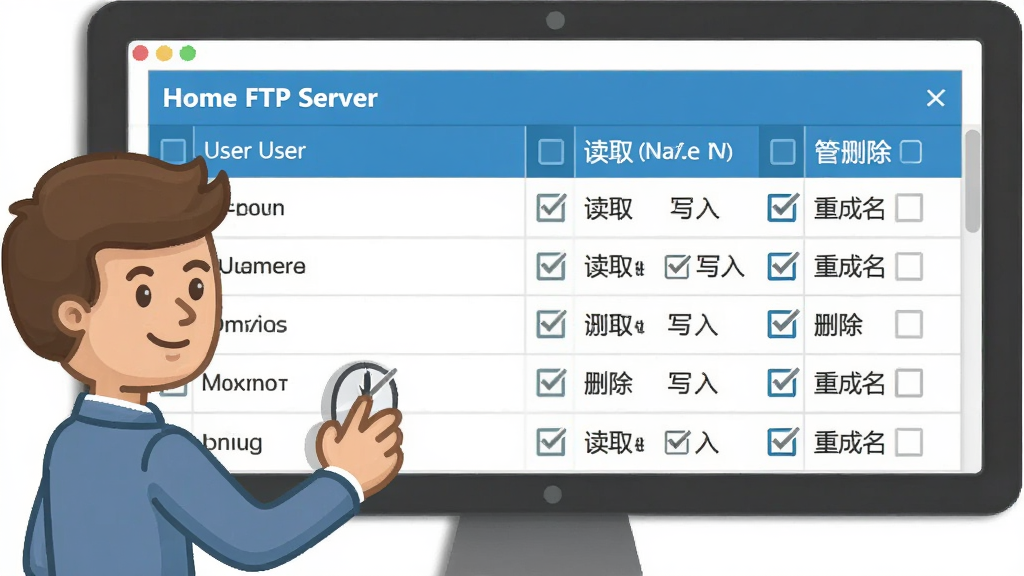Home FTP Server用户管理界面截图,画面展示了一个表格,表格中有多个用户账号,每个账号后面跟着不同的权限勾选框(读取、写入、删除、重命名)。表格采用清爽的蓝色表头,白色底纹。画面一侧有一个卡通人物正在用鼠标勾选权限选项。整体风格为简约商务插画,细节上要体现表格的清晰层级,画质干净,无多余元素。