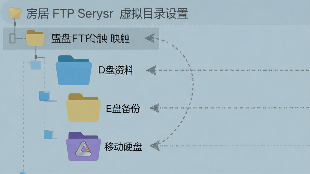 Home FTP Server虚拟目录设置界面,画面展示了一个树状目录结构,根目录下挂着几个不同颜色的文件夹图标,分别标注着“D盘资料”、“E盘备份”、“移动硬盘”。有虚线箭头从这些文件夹指向根目录。风格为扁平化信息图表,色调柔和,细节上要体现目录的层级关系和映射逻辑,画质干净,无多余元素。