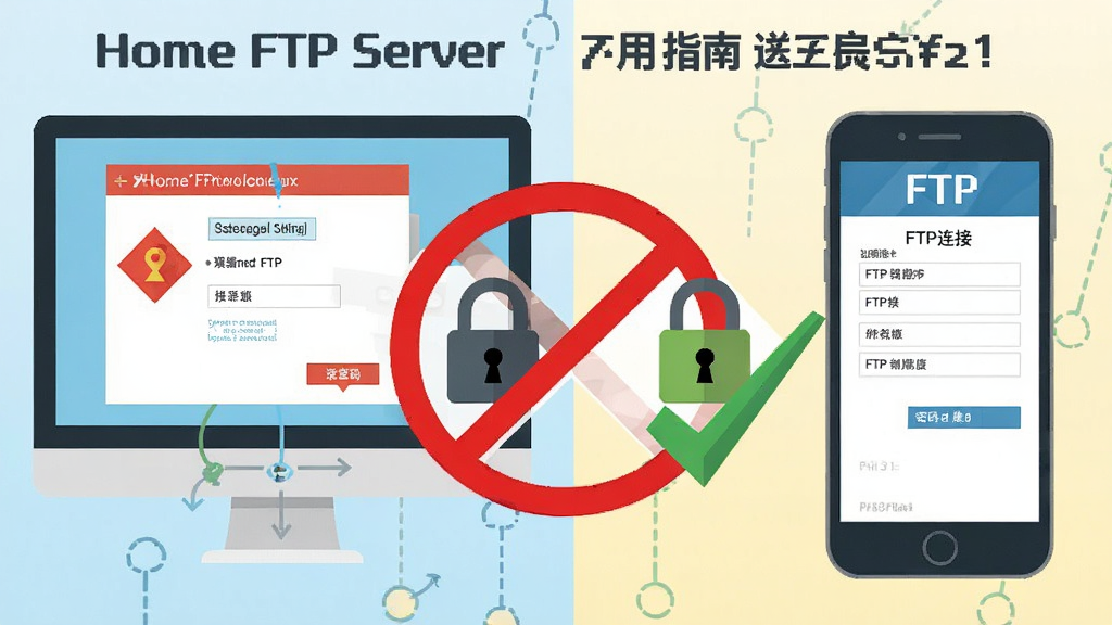 Home FTP Server使用指南图解,画面分为左右两部分,左边是电脑屏幕显示防火墙设置界面,右边是手机屏幕显示FTP连接填写界面。中间有一个红色的禁止符号指向一个没有密码的锁头,旁边有一个绿色的对勾指向一个带密码的锁头。风格为扁平化教程插画,色调明亮,细节上要体现操作步骤的先后顺序,画质清晰,无多余元素。
