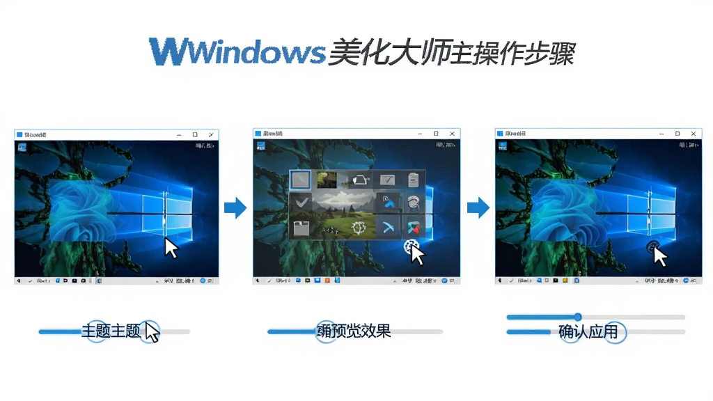 Windows美化大师操作步骤示意图,主体为软件界面分步操作截图,布局从左到右展示选择主题、预览效果、确认应用三个环节,排版为横向流程图,风格清晰明了,细节包含鼠标指针点击示意和进度条动画,画质高清干净无多余元素