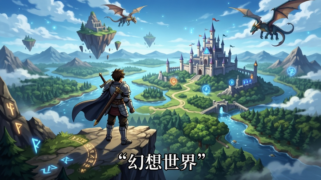 画面中央是一个充满魔法气息的奇幻大陆全景,主体是一位身穿铠甲的冒险者站在山巅眺望远方城堡,布局采用远景俯视构图,天空中有漂浮的岛屿和飞龙,风格为日系奇幻RPG插画风格,细节包括发光的魔法符文、茂密的森林、蜿蜒的河流,画面中下方用引号标注文字