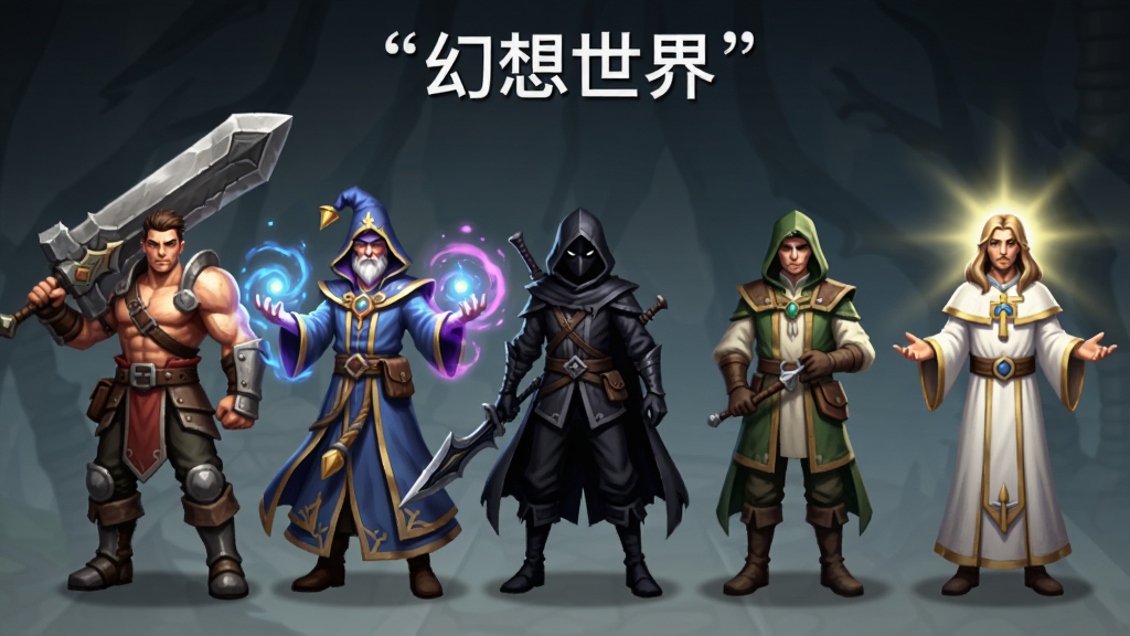 画面展示幻想世界游戏中的职业选择界面,主体是五个不同职业的角色并排站立,布局采用横向排列,每个角色展示独特的武器和装备,风格为游戏UI概念设计,细节包括战士手持巨剑、法师环绕魔法光芒、刺客隐于暗影、牧师散发圣光,画面顶部用引号标注文字