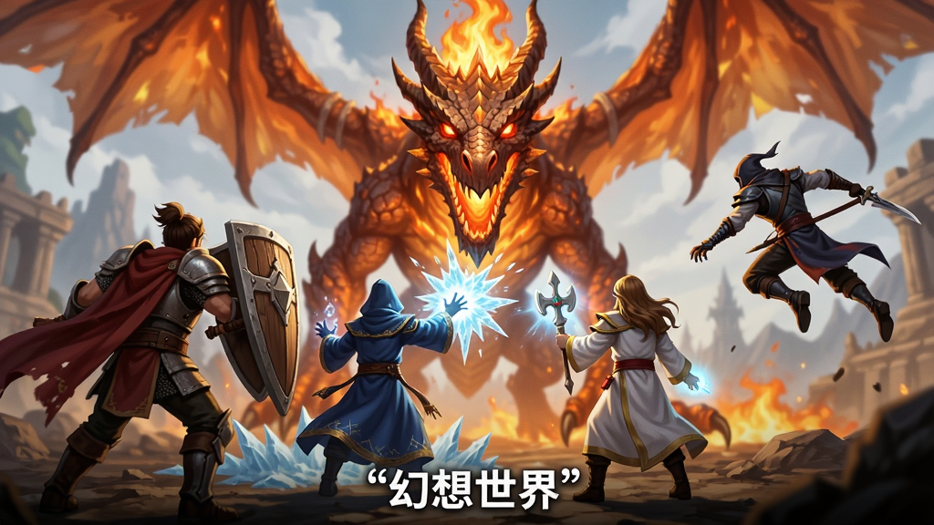 画面展示幻想世界游戏中多名玩家组队挑战巨型BOSS的场景,主体是四名冒险者背对镜头面对一只巨大的火焰巨龙,布局采用中央对称构图,风格为史诗奇幻战斗插画,细节包括战士举盾防御、法师释放冰霜魔法、牧师治疗队友、刺客跃起攻击,画面底部用引号标注文字