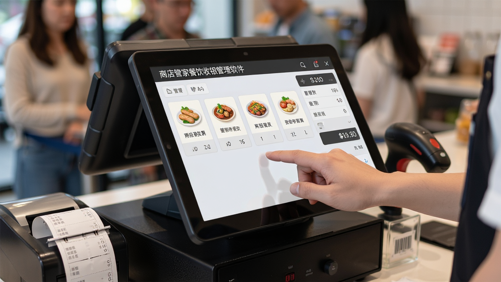 画面主体为餐饮门店收银台前,一位收银员正在使用“商店管家餐饮收银管理软件”的触屏界面快速点单,屏幕上清晰展示菜品图标、数量与合计金额。布局采用近景特写构图,突出屏幕操作手势与订单信息。风格为写实商业摄影风,细节包含收银机动线、小票打印出口、扫码枪与背景中排队顾客的虚化影像,画质高清,画面干净,无多余元素。