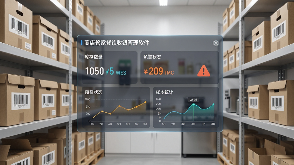 画面展示一个整洁的餐饮仓库或后厨储物区,货架上摆放着标注清晰的食材包装箱,画面中央悬浮一块半透明数据面板,显示“商店管家餐饮收银管理软件”的库存数量、预警状态与成本统计图表。布局采用前后景分层构图,风格为现代信息可视化风格,细节包含条形码标签、库存数字、折线图与警示图标,画质高清,画面干净,无多余元素。