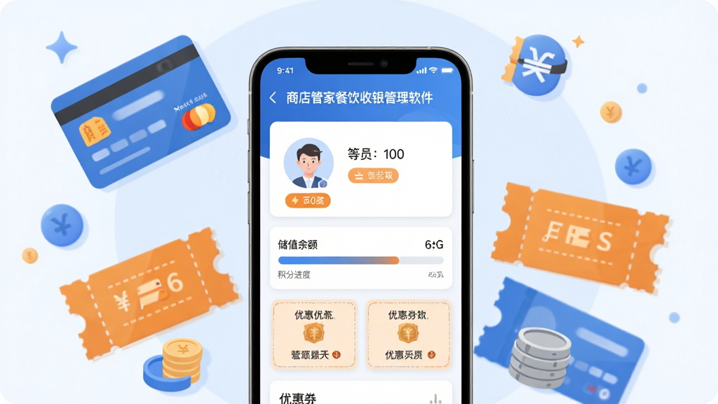 画面中心为一部智能手机,屏幕上显示“商店管家餐饮收银管理软件”的会员管理页面,包含会员头像、等级标签、储值余额、积分进度条与优惠券列表。手机周围环绕着会员卡、优惠券与积分图标等元素。布局采用中心放射式构图,风格为清新扁平化商业插画风,细节包含柔和的圆形图标、清晰的数据标签与统一的蓝橙配色,画质高清,画面干净,无多余元素。