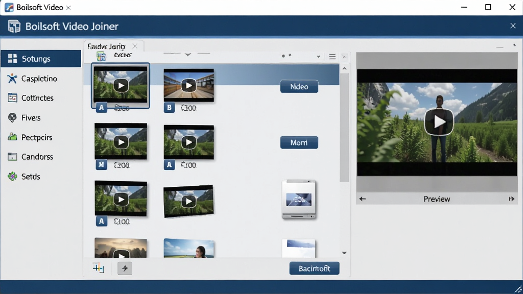 Boilsoft Video Joiner 软件主界面,画面中央是视频文件列表区域,左侧为功能导航栏,右侧为预览窗口,整体布局简洁清晰,采用深蓝色与浅灰色搭配的现代软件界面风格,细节上显示多个视频片段缩略图与合并按钮,画质清晰干净,无多余元素