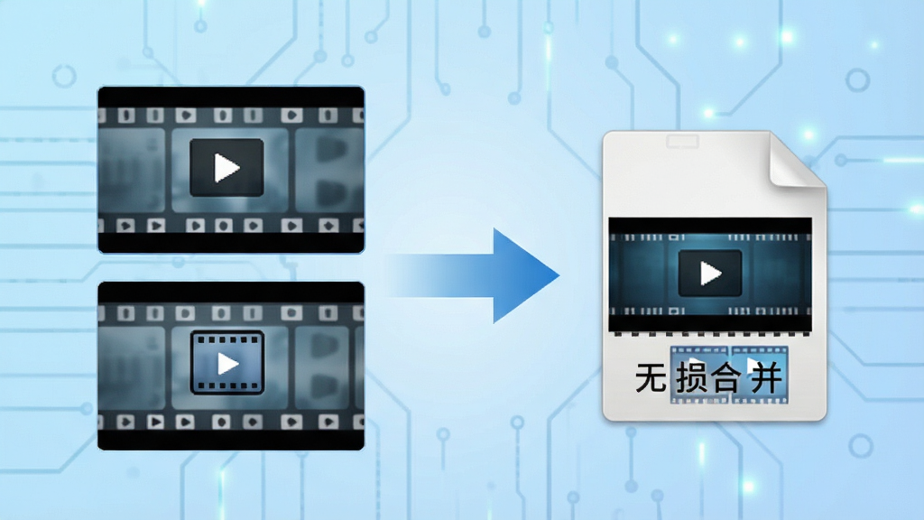 Boilsoft Video Joiner 无损合并功能展示图,画面主体是两段视频片段通过箭头汇聚成一个完整视频文件,背景为科技感浅蓝色渐变,排版采用左右对称结构,风格简洁专业,细节上标注“无损合并”字样与视频帧图标,画质清晰干净,无多余元素