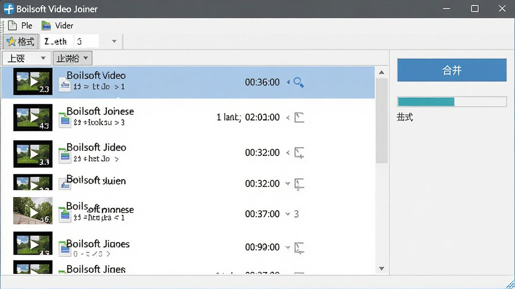 Boilsoft Video Joiner 批量合并操作界面,画面中显示多个视频文件按顺序排列在列表中,右侧有“合并”按钮和进度条,布局采用上下结构,风格为扁平化办公软件界面,细节上体现文件名称、时长、格式等信息,画质清晰干净,无多余元素