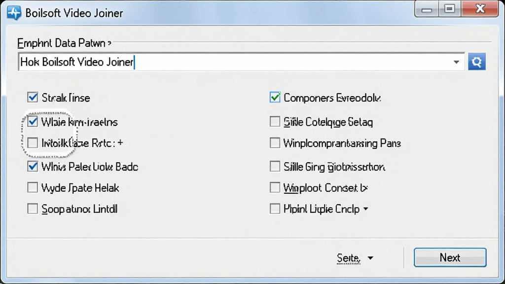 Boilsoft Video Joiner 在 Windows 电脑上的安装向导界面,画面显示安装路径选择与组件勾选选项,布局为经典安装窗口样式,风格简洁清晰,细节上突出复选框与下一步按钮,画质干净,无多余元素