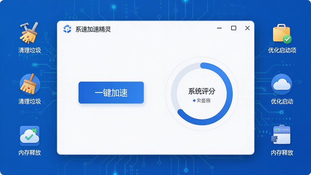 一张展示系统加速精灵软件主界面的图片,画面中央是软件主窗口,窗口内显示一键加速按钮和系统评分环形图,周围环绕着清理垃圾、优化启动项、内存释放等图标,布局简洁对称,采用蓝色与白色为主的科技风格,细节清晰,画质高清,干净无多余元素