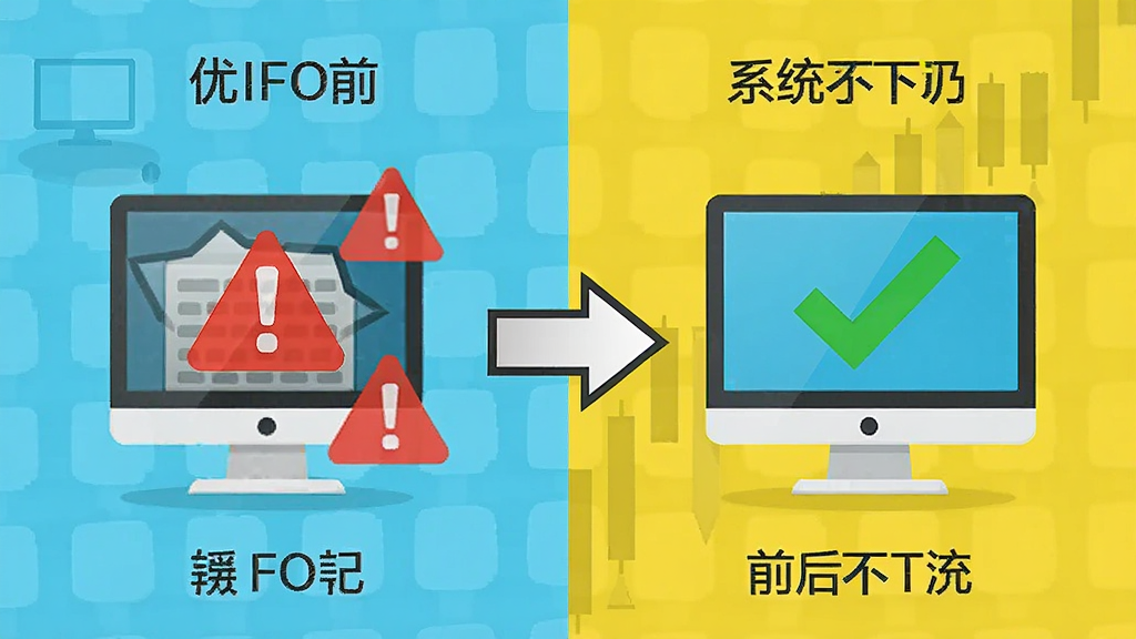 一张展示电脑系统优化前后对比的图片,画面分为左右两部分,左侧是优化前卡顿的电脑图标与红色警告标志,右侧是优化后流畅的电脑图标与绿色对勾标志,中间有箭头连接,风格为信息图表,布局对称,画质清晰,干净无多余元素
