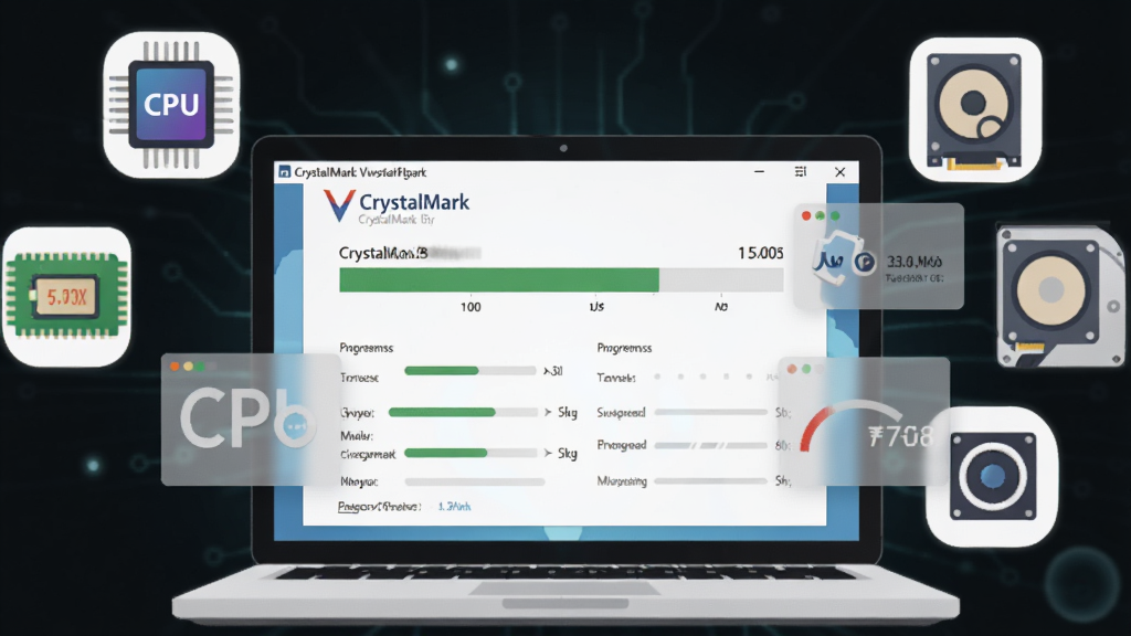 软件界面概览图,主体为一台打开的笔记本电脑屏幕,屏幕上显示着 CrystalMark 跑分软件的测试进度条与分数结果界面,布局居中,周围漂浮着CPU、内存、硬盘、显卡的抽象图标,风格为科技感扁平插画,细节包括半透明数据面板与进度指示条,画质清晰,干净,无多余元素