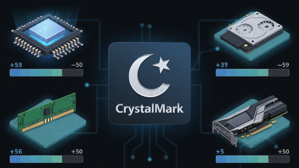 一张科技风格的信息图,画面中央是 CrystalMark 软件图标,四周环绕着CPU芯片、内存条、固态硬盘、显卡四个硬件模块的立体图标,每个模块下方有分数条,布局对称,风格为现代扁平化设计,细节带有微光效果,画质清晰,干净,无多余元素