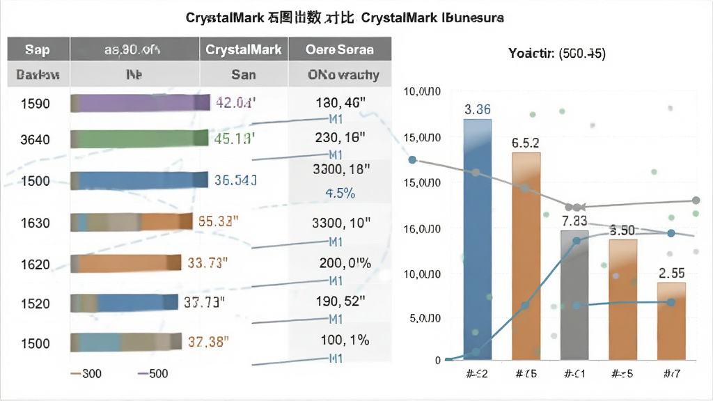 一张数据对比图,主体为 CrystalMark 跑分结果表格与柱状图,左侧展示不同硬件的分数柱状对比,右侧显示总分,布局清晰,风格为简约商务信息图,细节包含数字标签与百分比刻度,画质清晰,干净,无多余元素