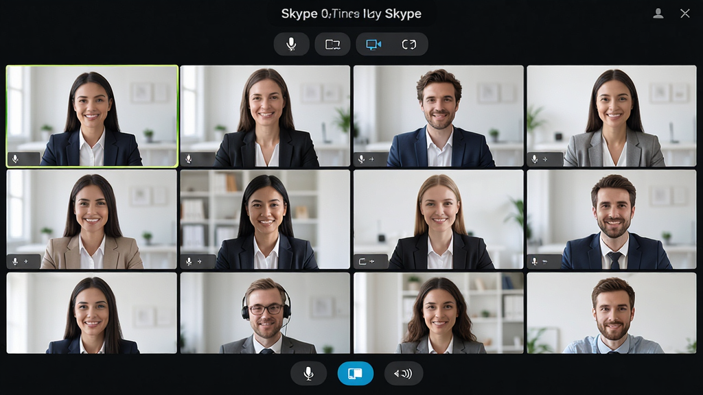 Skype高清视频通话场景,主体为多人视频会议界面,布局采用网格排列展示参会者画面,排版上方为会议主题下方为控制按钮栏,风格为商务专业风,细节包含参会者头像、静音图标、共享屏幕按钮,画质清晰干净无多余元素