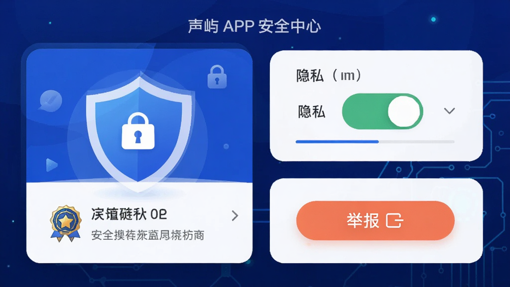 ��������Ϊ����APP�İ�ȫ���Ľ��棬չʾ����ͼ�ꡢ��˽���ء��ٱ���ť������Ϊ����ɫ�Ƽ��н��䣬����Ϊ��Ƭʽ���Ű��࣬���Ϊ��ƽ����ȫ����廭��ϸ�ڰ�������ͼ�ꡢ��֤���¡���ȫ��ʾ���֣����ʸ��壬�ɾ����޶���Ԫ�ء�