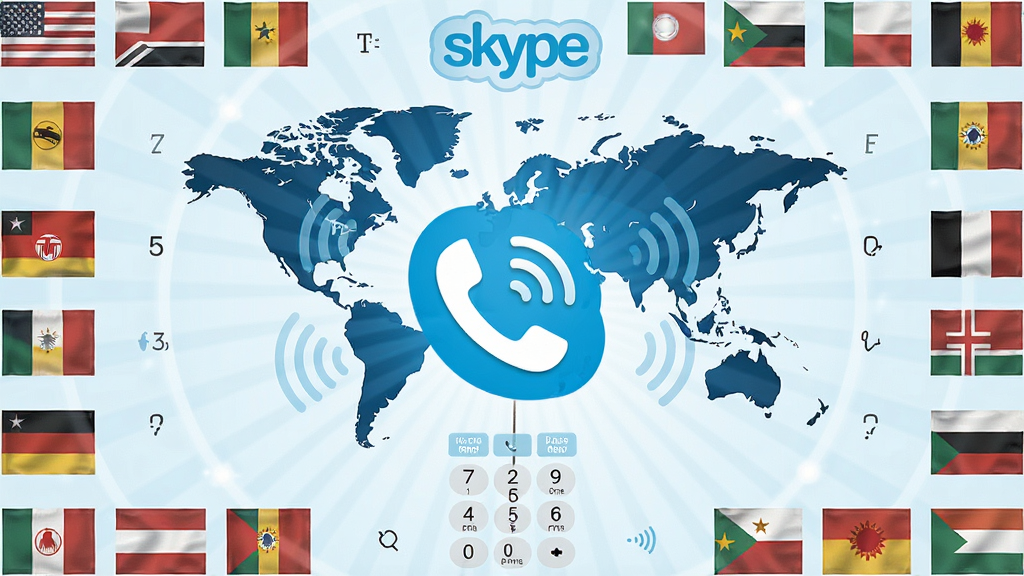 Skype国际通话功能展示,主体为世界地图与电话图标组合,布局采用中心辐射状,排版四周环绕各国国旗,风格为全球化商务风,细节包含通话费率标签、拨号键盘、信号波纹,画质清晰干净无多余元素