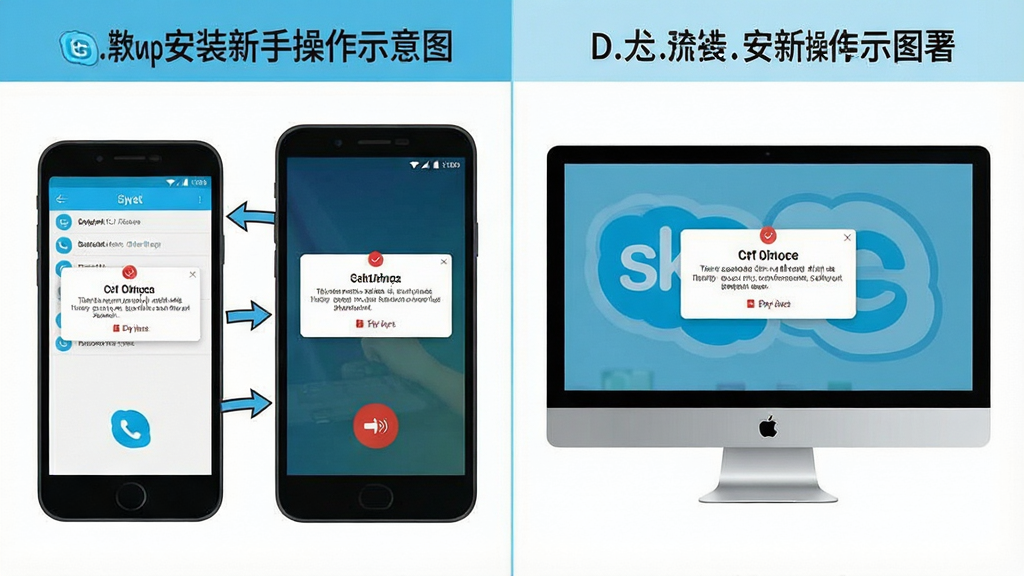 Skype新手操作示意图,主体为手机与电脑双设备展示,布局采用左右对比排版,风格为教程指引风,细节包含安装步骤箭头、权限弹窗提示、通话按钮高亮,画质清晰干净无多余元素