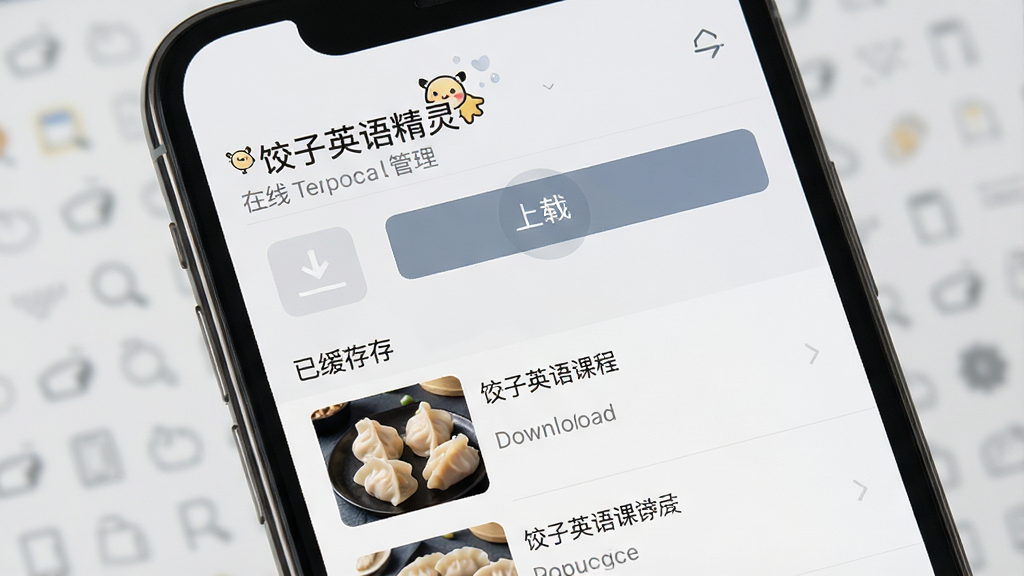 手机屏幕显示“饺子英语精灵”的离线下载管理界面,有下载按钮和已缓存课程列表,背景为浅灰色,风格简洁商务,画质高清,干净无多余元素
