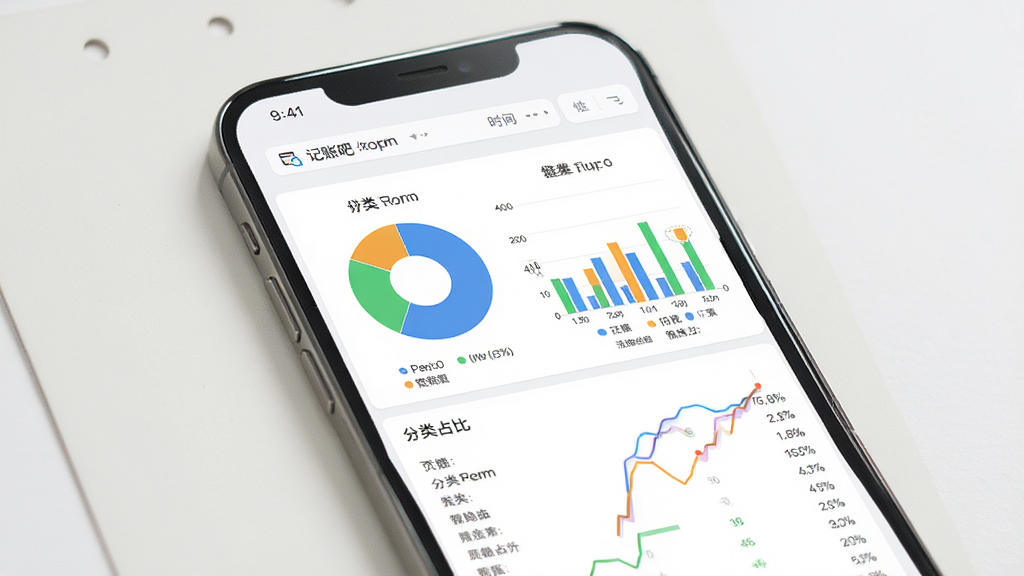 记账吧数据图表分析页面效果图,主体为手机屏幕呈现记账吧统计模块,布局为上方时间筛选栏、中部饼图与柱状图并排展示、下方为分类占比列表,风格为现代数据可视化设计,细节处图表颜色区分明显且带有图例标注,画质高清干净,背景为浅色背景板,无多余元素