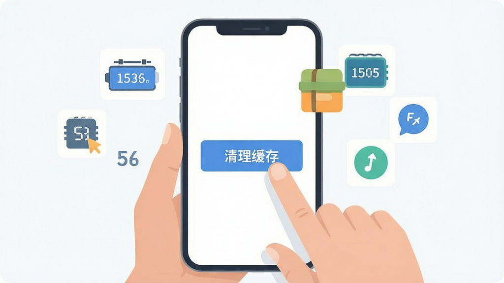 一张展示手机清理缓存和优化设置的示意图,画面中一只手拿着手机,手指正点击屏幕上的“清理缓存”按钮,屏幕周围漂浮着代表存储空间的数字和图标,背景简洁明亮,风格扁平化,画质清晰,干净,无多余元素。