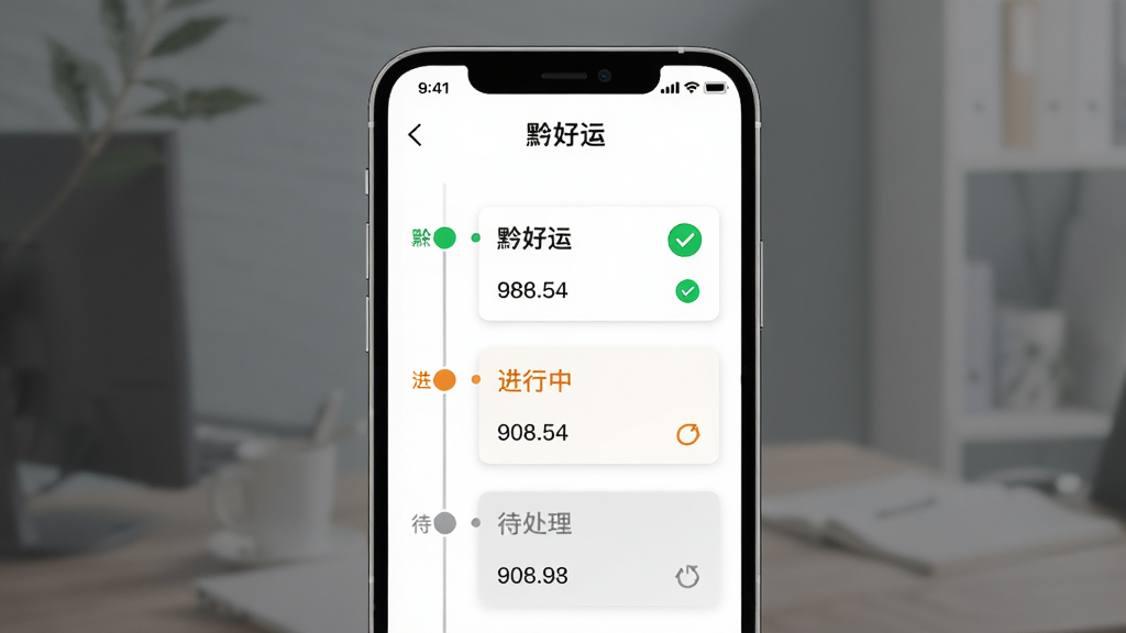 画面主体是手机界面展示“黔好运”运单管理页面,页面内包含时间轴与运单状态卡片。布局采用纵向时间轴,手机置于画面中央。排版整齐,风格商务简洁,细节包括绿色完成标识、橙色进行中标识、灰色待处理标识、运单编号。画质高清,干净,无多余元素。