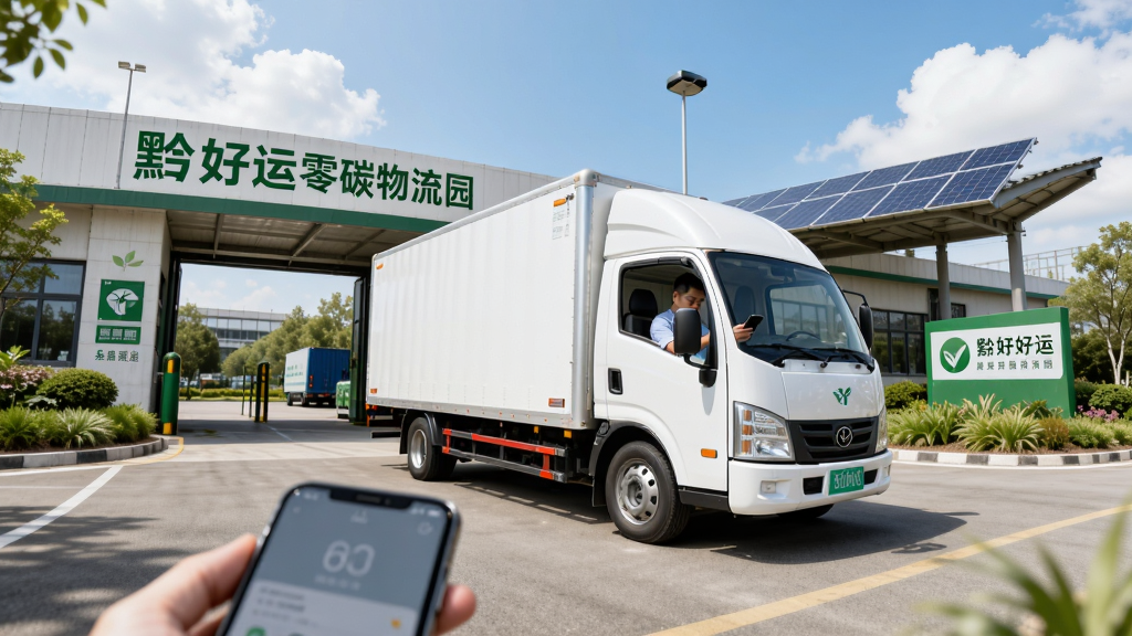 画面主体是一辆白色新能源厢式货车停靠在“黔好运零碳物流园”门口,司机在车旁查看手机。布局采用广角构图,物流园建筑与货车位于画面中景,手机位于前景。排版开阔,风格清新环保,细节包括绿色植被、太阳能板顶棚、园区标识、蓝天白云。画质高清,干净,无多余元素。