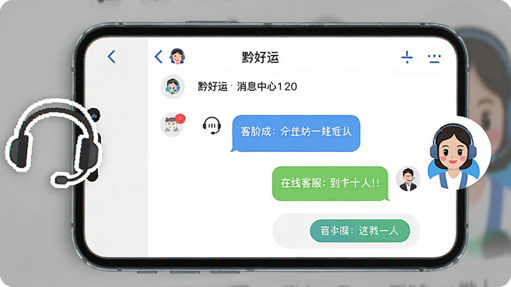 画面主体是手机屏幕显示“黔好运”消息中心与客服对话界面,旁边有耳机图标与客服头像。布局采用居中对称,手机位于画面中央。排版简洁,风格友好亲和,细节包括未读消息红点、对话气泡、在线客服按钮。画质高清,干净,无多余元素。