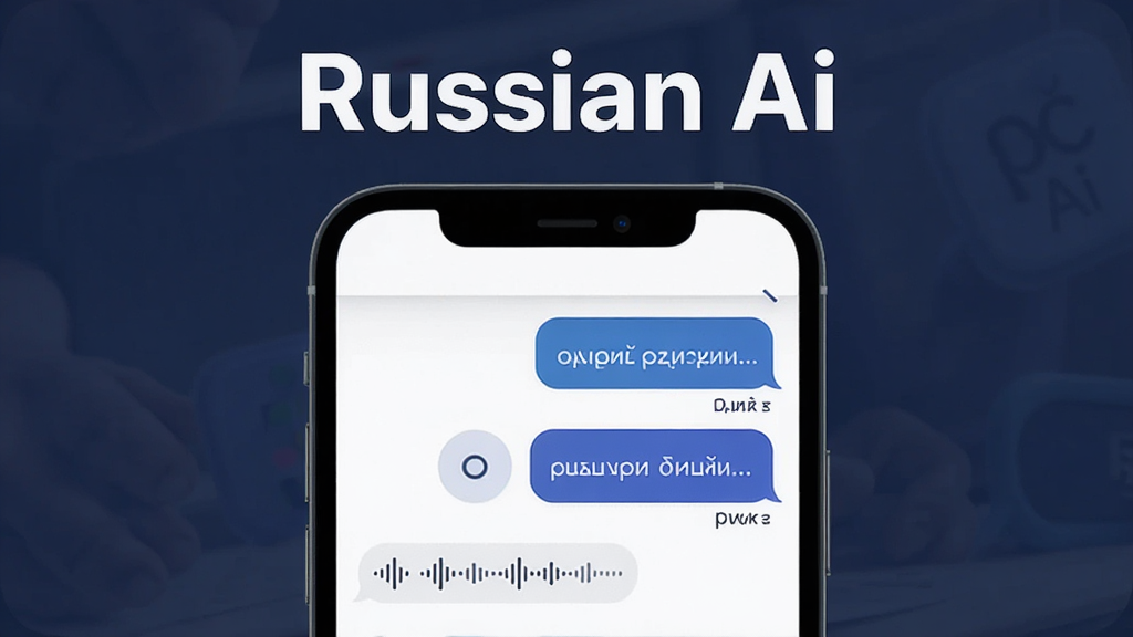一张展示Russian Ai软件核心功能的宣传图,主体是一部智能手机屏幕显示俄语学习对话界面,布局为居中构图,上方有软件名称