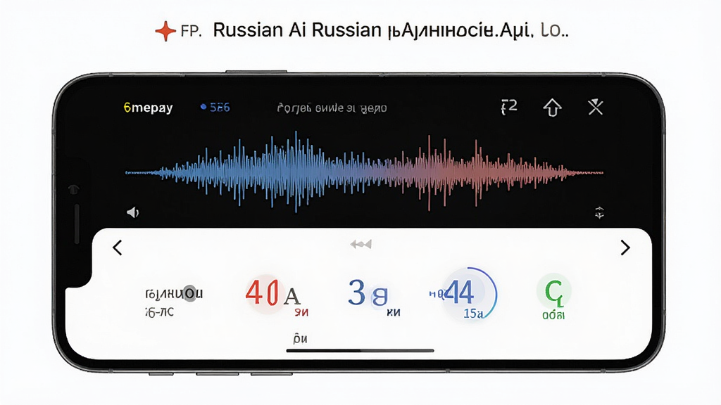 一张展示Russian Ai发音纠正功能的图片,主体为手机屏幕显示发音波形对比与评分界面,布局为上下对比排版,风格现代简洁,细节包括声波图、评分数字、俄语字母,画质高清,干净,无多余元素