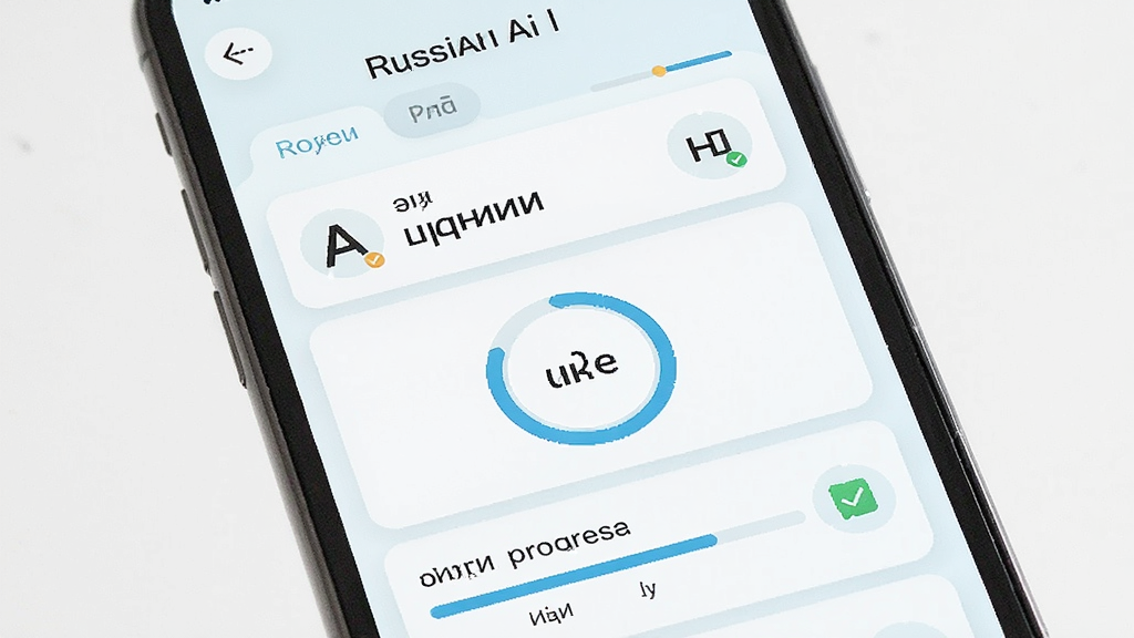一张展示Russian Ai移动端学习界面的图片,主体为手机屏幕显示俄语学习课程与进度条,布局为纵向列表排版,风格清新浅色,细节包括俄语字母、学习进度环、打卡图标,画质高清,干净,无多余元素
