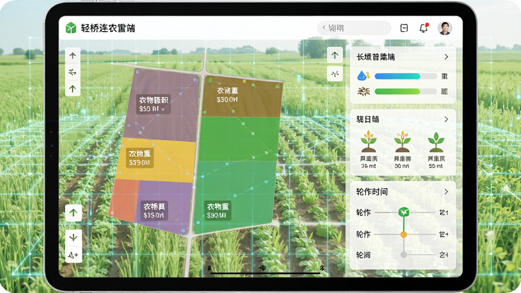 轻桥连农平板端地块数字化管理界面,平板屏幕上显示彩色分区农田地图,每个区块标注作物名称与面积数据,背景为浅绿色田野实景与数字网格叠加,布局为左侧地图右侧信息面板,风格为清新农业科技风,细节包括土壤湿度指示条、作物图标、轮作时间轴,画质清晰干净无多余元素