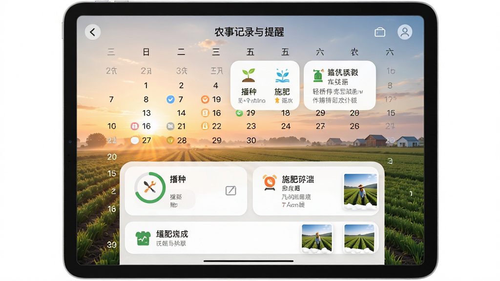 轻桥连农平板端农事记录与提醒界面,平板屏幕上展示日历视图与任务清单,任务卡片带有播种、施肥、灌溉等图标,背景为农田日出场景,布局为上方日历下方任务列表,风格为柔和圆角卡片风,细节包括完成进度环、闹钟提醒图标、照片缩略图,画质清晰干净无多余元素