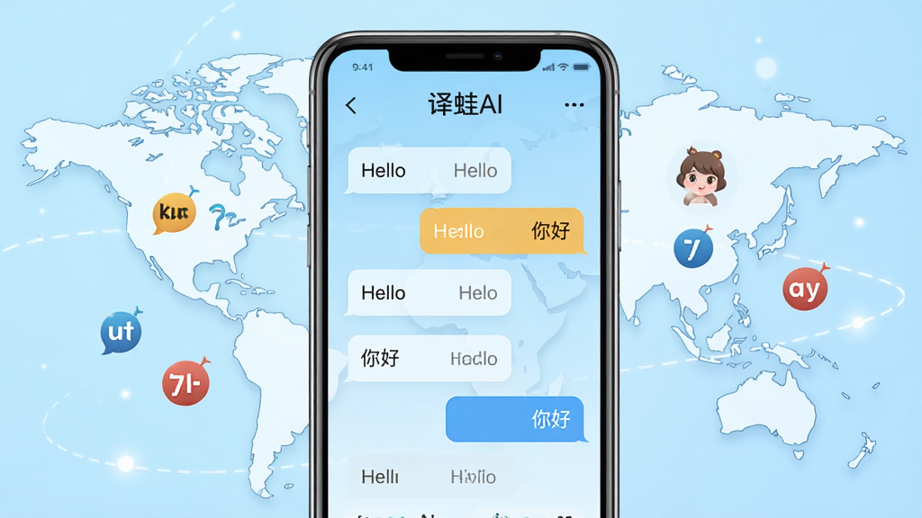 画面中央是一部智能手机,屏幕上显示着译蛙AI的翻译界面,中英文对话气泡相互交错,背景是浅蓝色渐变,周围环绕着世界地图轮廓和多种语言符号,整体风格清新简约,画质清晰干净,无多余元素,手机屏幕内文字显示为“译蛙AI”和“Hello”与“你好”的翻译对照。